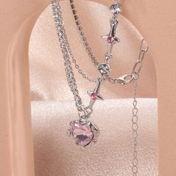 KRENOZ Stainless Steel Silver-Plated Heart & Star Charm Layered Necklace-picture-46