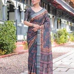 SGF11 Woven Design Floral Printed Pure Linen Saree-image-50