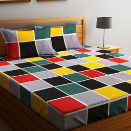 Fashion String Red & Yellow Geometric 144 TC Queen Bedsheet with 2 Pillow Covers-25