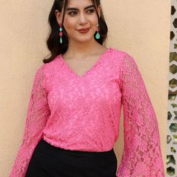 AKIMIA Floral Flared Sleeve Lace Blouson Top-picture-23