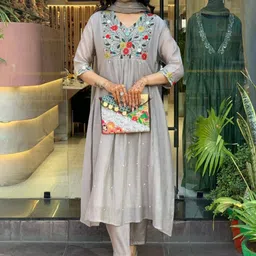KALINI Ethnic Motifs Yoke Design V-Neck A-Line Kurta With Trousers & Dupatta-picture-15