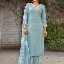VIBE VISION Geometric Printed V-Neck Straight Kurta With Trousers And Dupatta-17