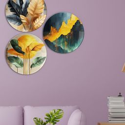 THE QUIRKY HOME Set Of 3 Grey & Yellow Printed Ceramic Wall Plates-4