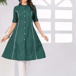 HEARTLOOM Women Striped Mandarin Collar Roll Up Sleeves Cotton A-Line Kurta-picture-27