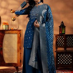 Libas Ethnic Motifs Woven Design Mirror Work Straight Kurta With Palazzos & Dupatta-image-27
