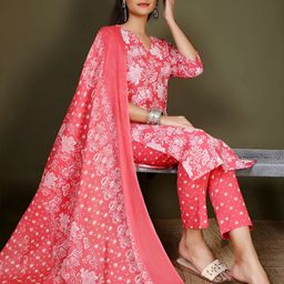 Anouk Rustic Floral Printed V-Neck Pure Cotton Kurta With Trousers & Dupatta-picture-12
