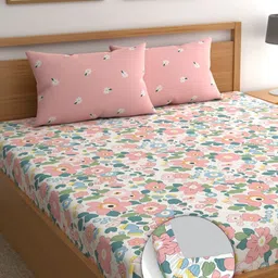 CG HOMES Pink & White Printed 160 TC Cotton Queen Fitted Bedsheet with 2 Pillow Covers-image-76