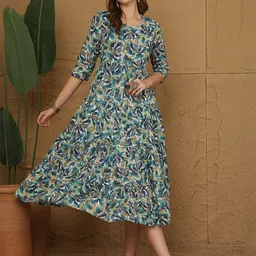 Anouk Women's Blue Mulmul Round Neck Fit and Flare Dress-image-75