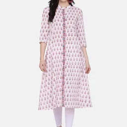 DIVASTRI Floral Printed Mandarin Collar Pure Cotton A-Line Kurta-image-24