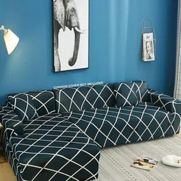 GIFTS ISLAND Blue & White 2 Pcs Printed L Shaped 6 Seater Sofa Cover With Arms-image-6