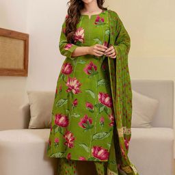 SKYLEE Women Floral Printed Round Neck Straight Kurta with Trousers & Dupatta-image-48