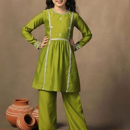 FASHION DREAM Girls Ethnic Motifs Embroidered Regular Chanderi Silk Kurta with Trousers-picture-5