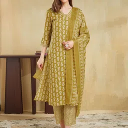 SKYLEE Floral Printed Notch Neck Straight Kurta With Trousers & Dupatta-42