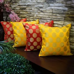 RoyalDeco Mandala Red & Yellow 4 Pieces Ethnic Motifs Brocade Silk Square Cushion Covers-image-45