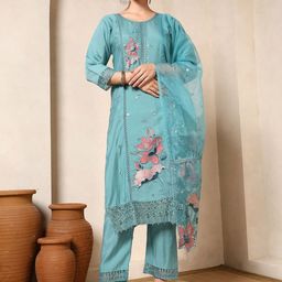 Spera Floral Printed Thread Work Straight Kurta With Trousers & Dupatta-image-63