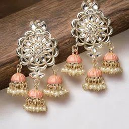 ADIVA Gold Plated Dome Shaped Kundan Studded & Pearl Beaded Meenakari Drop Earrings-picture-13