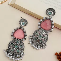 Anouk Silver-Plated Artificial Stones Studded And Beaded Circular Shaped Drop Earrings-picture-40