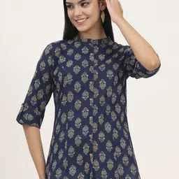BAESD Floral Printed Mandarin Collar Roll-Up Sleeves Cotton A-Line Top-picture-42