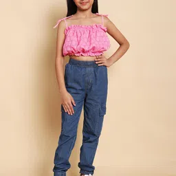 HERE&NOW Girls Embroidered Shoulder Straps Pure Cotton Top With Joggers-image-67