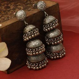VIVAZS Silver-Plated Stone Studded & Beaded Dome Shaped Oxidized Jhumkas-image-15
