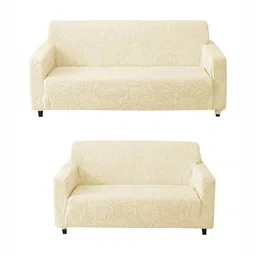 HOUSE OF QUIRK Beige Jacquard 3+2 Seater Floral Printed Waterproof Sofa Cover With Arms-picture-14