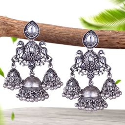 DIVASTRI Silver-Plated Pearl Beaded Peacock Shaped Oxidised Jhumkas-29