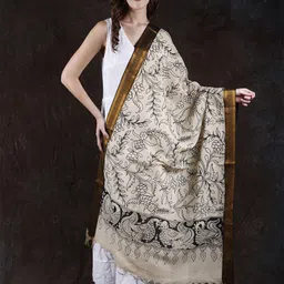Exotic India Printed Pure Cotton Kalamkari Dupatta with Zari Flowers & Peacocks On Border-22