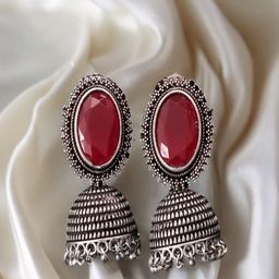 Vientiq German Silver-Plated Artificial Stones Studded Dome Shaped Oxidised Jhumkas-13