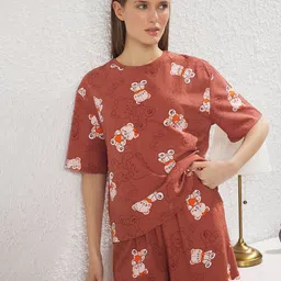 Trendyol Women Printed Pure Cotton Round Neck Night suit-picture-14