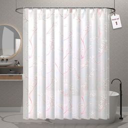 Kuber Industries Aura White & Pink Floral Printed Waterproof Shower Curtains With 12 Rings-57