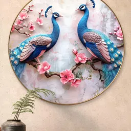 SAF Blue & Pink Majestic Peacock Pair 3D Embossed Birds & Animals Printed Wooden Wall Art-image-1