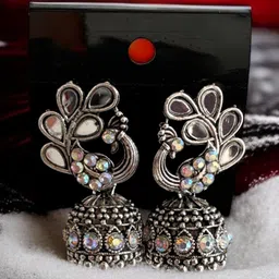 FIRSTCHOICE Silver-Plated Artificial Stones Studded Dome Shaped Oxidised Jhumkas-41