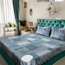 Myntra Elegant Homes Blue & White Geometric 400 TC King Bedsheet with 2 Pillow Covers-picture-12