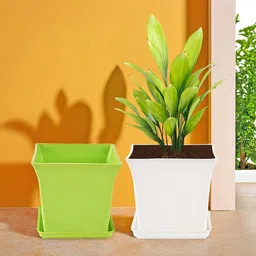 Kuber Industries 2-Pcs White & Green Premium Flower Pots for Garden with Bottom Plates-67