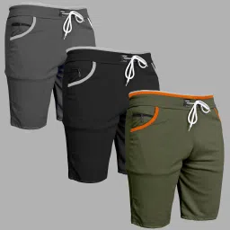 Pack of 3 Solid Men Grey, Black, Green Casual Shorts-picture-24
