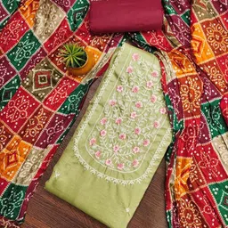 KALINI Floral Embroidered Thread Work Cotton Unstitched Dress Material-image-89