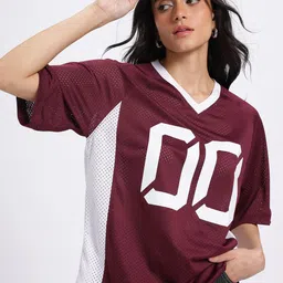 glitchez Sporty Varsity Print Perforated Oversized Tshirt-image-0