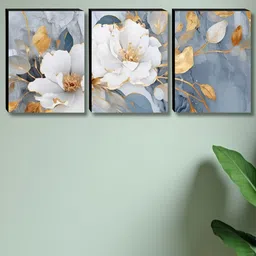 Aura Grey & White 3 Pieces Wooden Floral Wall Paintings-18