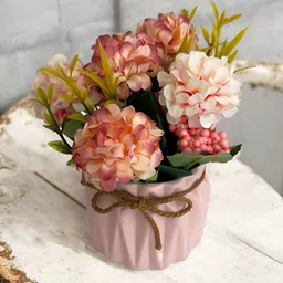 Art Street White & Pink Artificial Hydrangea Bouquet With Ceremic Vase-picture-45