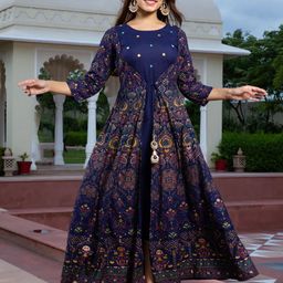 HERE&NOW Ethnic Motifs Printed Round Neck Thread Work Fit And Flare Maxi Ethnic Dress-picture-16