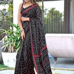 Moda Rapido Women Black Pure Cotton Designer Block Print Saree-picture-2