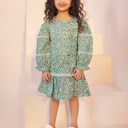 TINY TWILLS Girls Floral Printed Puff Sleeve Linen Drop-Waist Dress-image-83