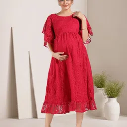 MomsBae Women Self Design Embroidered Flutter Sleeve A-Line Sorbet Lace Dress-picture-2