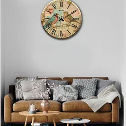OLIVE TREE Wooden Wall Clock Brown & Blue Printed Round Contemporary Wall Clock-image-78