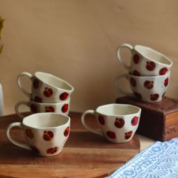 WEAVING HOMES Red & White 6 Pieces Polka Dots Printed Ceramic Glossy Mugs 220ml-16