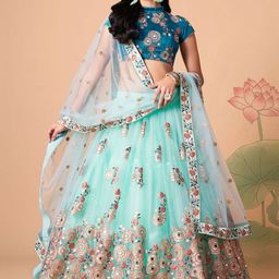 ETHNIC PLUS Embroidered Sequinned Net Semi-Stitched Lehenga & Blouse With Dupatta-image-99