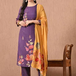 HARIKS Women Floral Printed Regular Pure Silk Kurti with Trousers & With Dupatta-picture-45