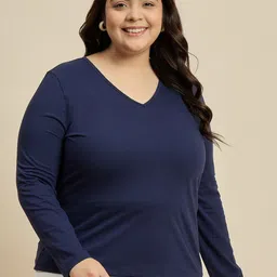 CURVY STREET Women Solid V-Neck Cotton Plus Size T-shirt-picture-9