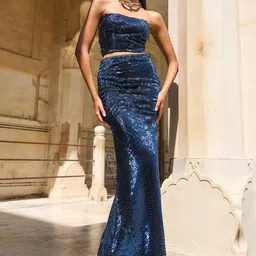 Dash and Dot Embellished Sequinned Off-Shoulder Bandeau Top & Maxi Skirt Co-Ords-43