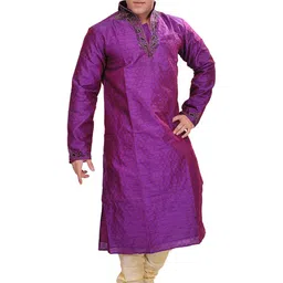 Exotic India Men Bright-Violet Kurta Pajama Set with Self-Weave and Beaded Neck-image-40